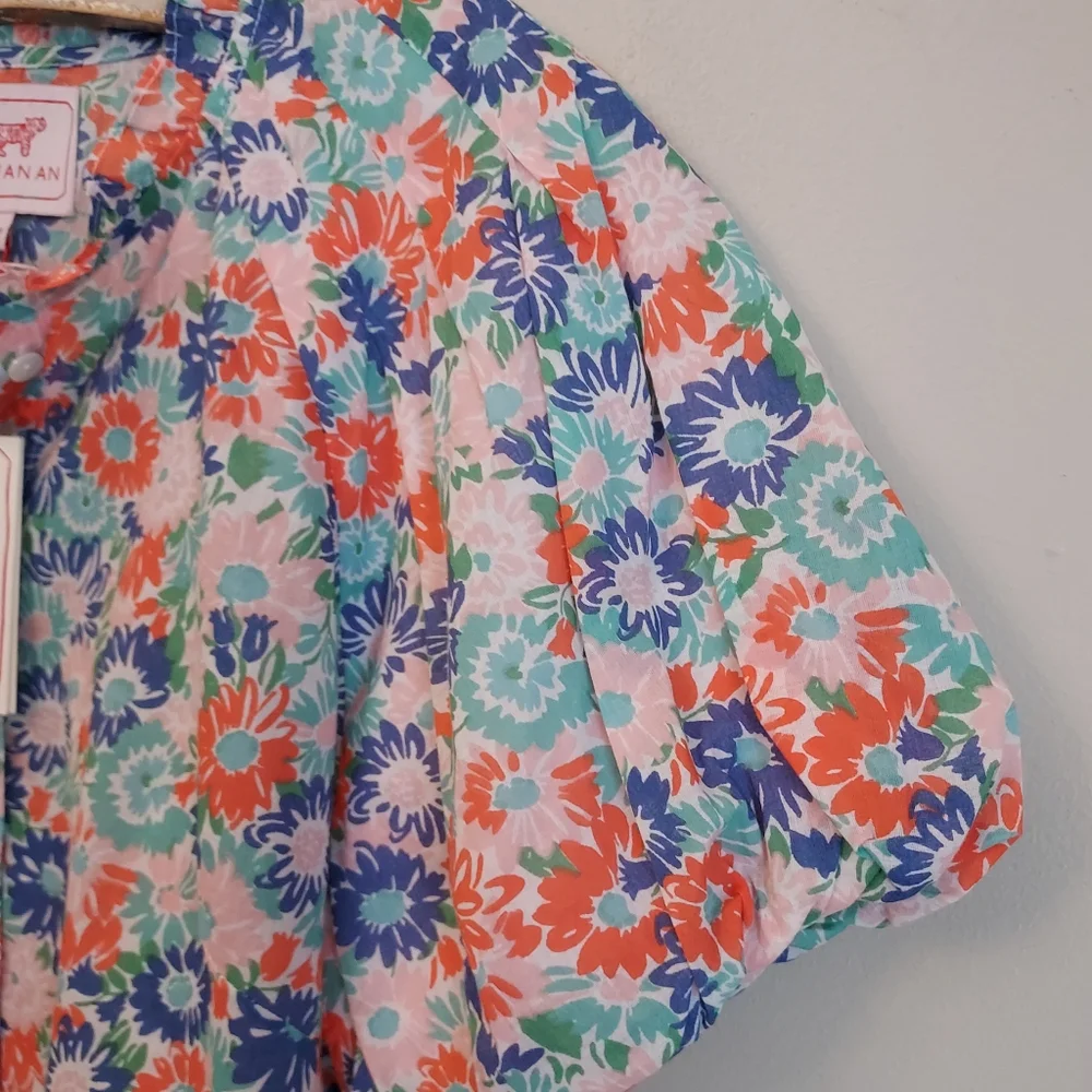 Anthropologie Banjanan Tammy Top Floral Short Puff Sleeve Blouse Large NEW NWT